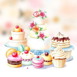 A beautiful and enticing watercolor painting of a delightful dessert display featuring a variety of pastries, cakes, and sweets