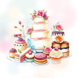 A beautiful and enticing watercolor painting of a delightful dessert display featuring a variety of pastries, cakes, and sweets