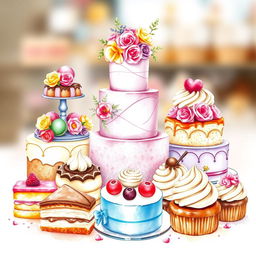 A beautiful and enticing watercolor painting of a delightful dessert display featuring a variety of pastries, cakes, and sweets