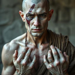 A white-skinned monk with scars on his body and a prominent scar on his face