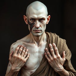 A white-skinned monk with scars on his body and a prominent scar on his face