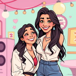 A stylized portrait of Mrunal Thakur and a character resembling an iconic adult film star in a humorous and playful setting, both smiling and interacting in a lively, vibrant atmosphere