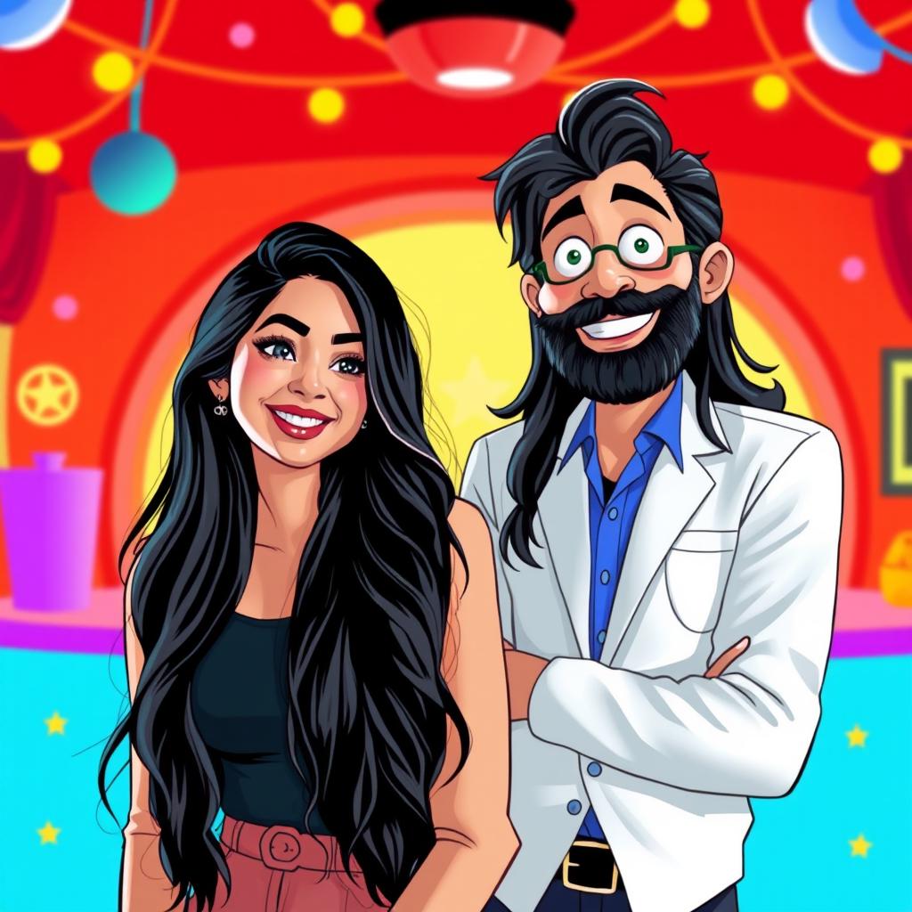 A stylized portrait of Mrunal Thakur and a character resembling an iconic adult film star in a humorous and playful setting, both smiling and interacting in a lively, vibrant atmosphere