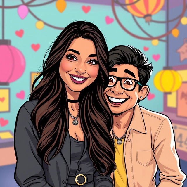 A stylized portrait of Mrunal Thakur and a character resembling an iconic adult film star in a humorous and playful setting, both smiling and interacting in a lively, vibrant atmosphere