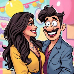 A stylized portrait of Mrunal Thakur and a character resembling an iconic adult film star in a humorous and playful setting, both smiling and interacting in a lively, vibrant atmosphere