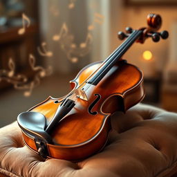 A beautifully crafted violin, showcasing its elegant curves and polished wood finish, placed on a soft velvet cushion