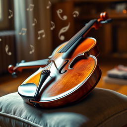 A beautifully crafted violin, showcasing its elegant curves and polished wood finish, placed on a soft velvet cushion