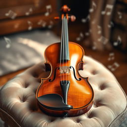 A beautifully crafted violin, showcasing its elegant curves and polished wood finish, placed on a soft velvet cushion