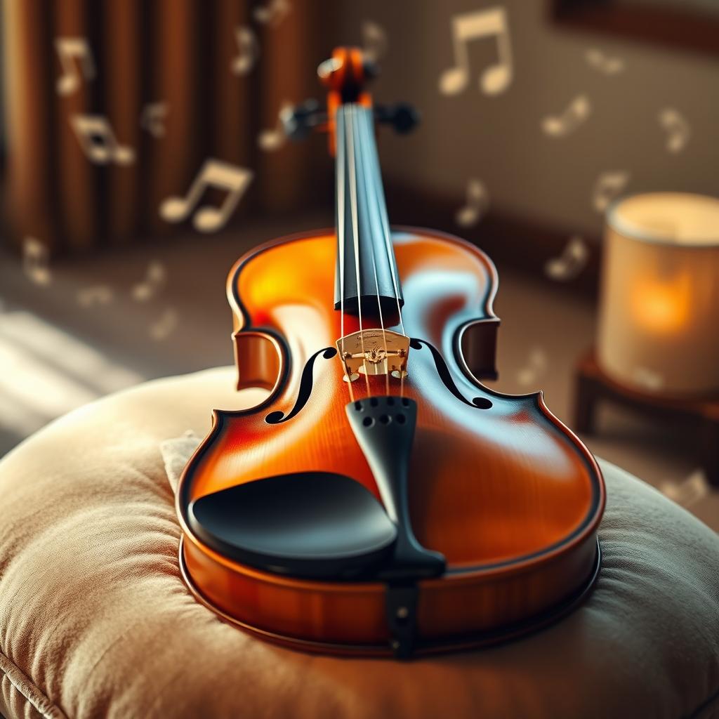 A beautifully crafted violin, showcasing its elegant curves and polished wood finish, placed on a soft velvet cushion