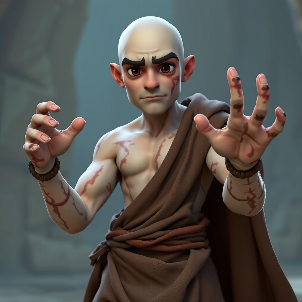 A 3D animated character of a white-skinned monk, featuring scars across his body and a prominent scar on his face