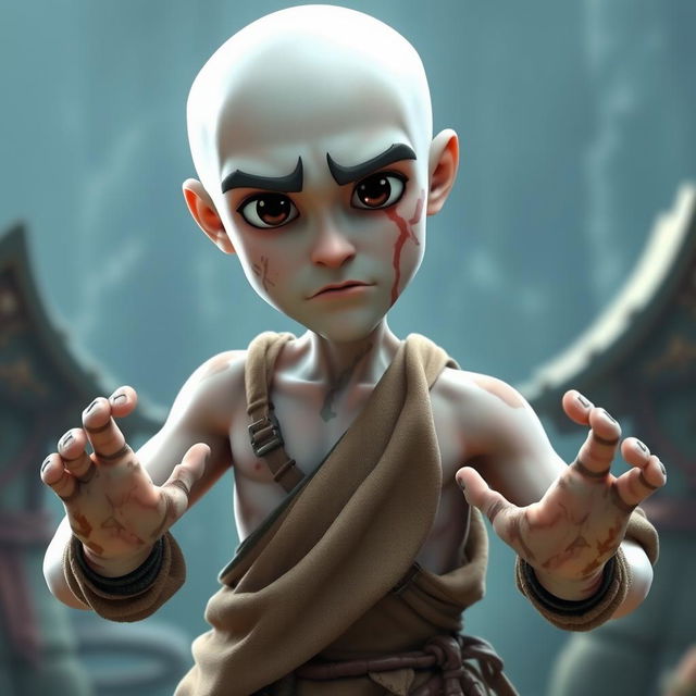 A 3D animated character of a white-skinned monk, featuring scars across his body and a prominent scar on his face