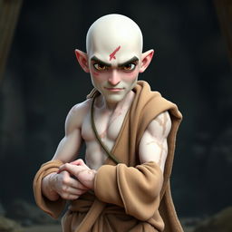 A 3D animated character of a white-skinned monk, featuring scars across his body and a prominent scar on his face