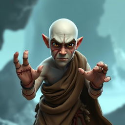 A 3D animated character of a white-skinned monk, featuring scars across his body and a prominent scar on his face