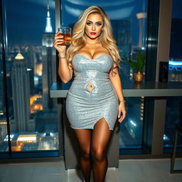 Full length, head to toe photograph of an alluring and voluptuous young woman with a thick curvy figure