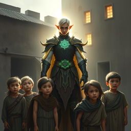 A heroic half-elf character illuminated by divine light, standing protectively around a group of poor human children in a fantasy setting