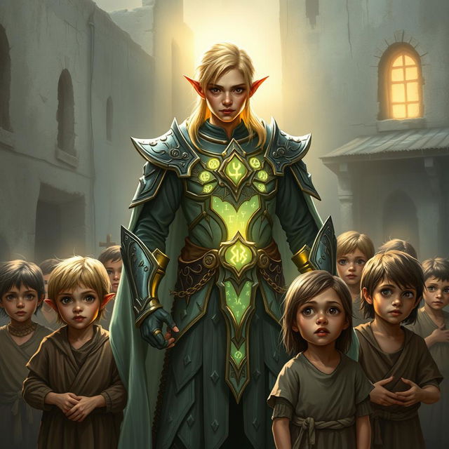 A heroic half-elf character illuminated by divine light, standing protectively around a group of poor human children in a fantasy setting