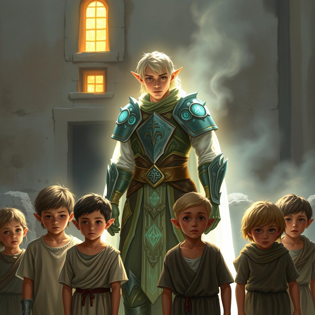 A heroic half-elf character illuminated by divine light, standing protectively around a group of poor human children in a fantasy setting