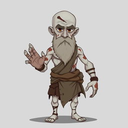 A stylized character of a white-skinned monk with scars across his body and a notable scar on his face