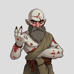 A stylized character of a white-skinned monk with scars across his body and a notable scar on his face