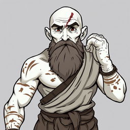 A stylized character of a white-skinned monk with scars across his body and a notable scar on his face