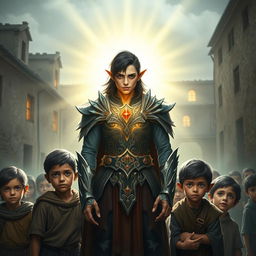 A heroic half-elf with black hair, bathed in divine light, stands protectively around a group of poor human children in a fantasy setting