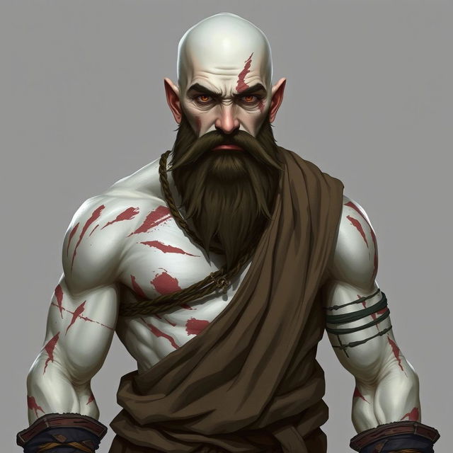 A character design of a white-skinned monk, featuring scars on his body and a distinctive scar on his face