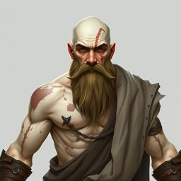 A character design of a white-skinned monk, featuring scars on his body and a distinctive scar on his face