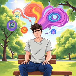 A conceptual illustration of an individual with a mental disorder, showcasing their internal struggles and emotions through a symbolic landscape