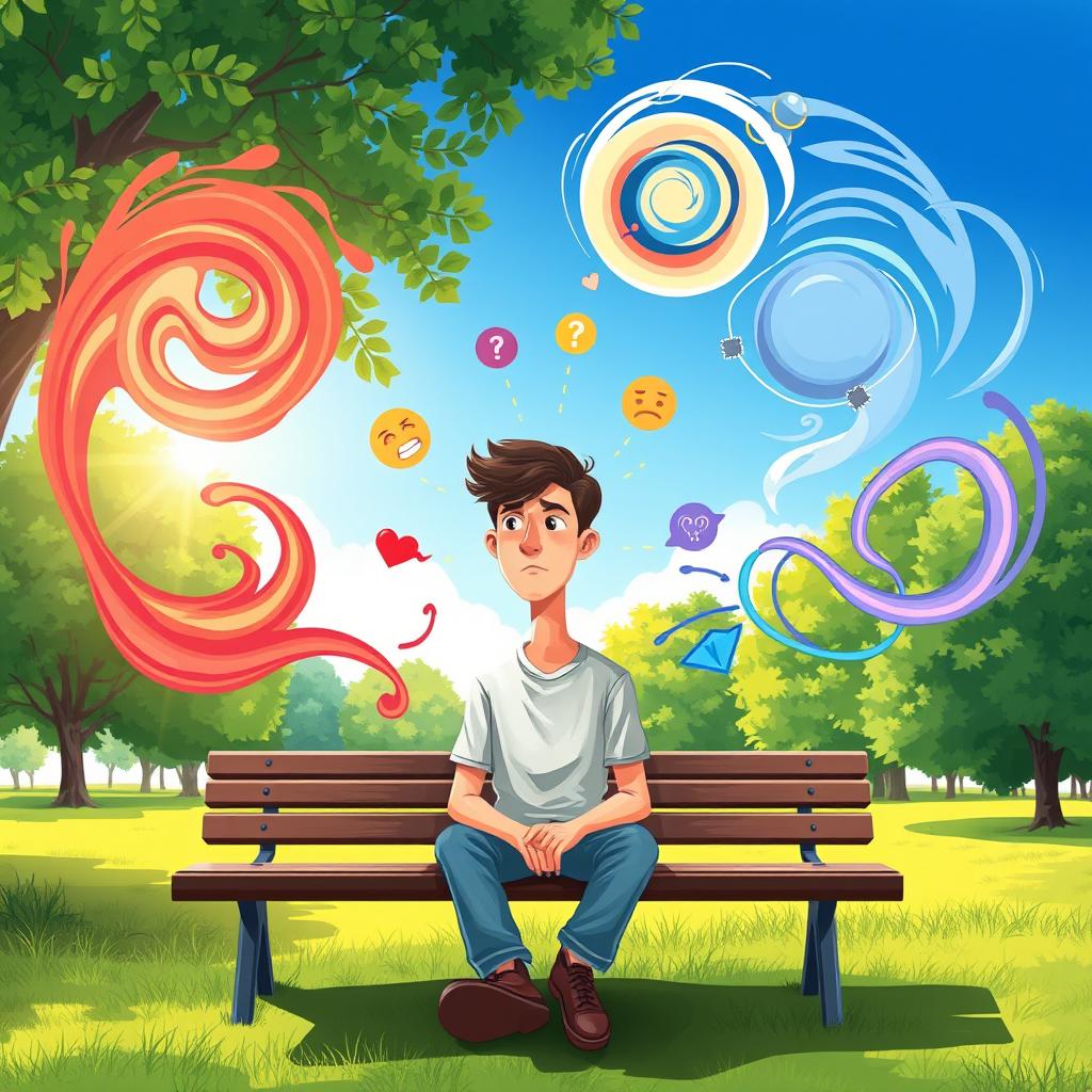 A conceptual illustration of an individual with a mental disorder, showcasing their internal struggles and emotions through a symbolic landscape