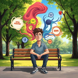 A conceptual illustration of an individual with a mental disorder, showcasing their internal struggles and emotions through a symbolic landscape