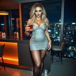 Full length, head to toe photograph of an attractive young woman with a voluptuous and curvy figure