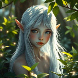 A young elf with long, flowing pale blue hair that glimmers softly in the light, striking silver eyes that shine with a hint of mystery, and grayish skin that adds to their ethereal beauty