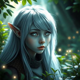 A young elf with long, flowing pale blue hair that glimmers softly in the light, striking silver eyes that shine with a hint of mystery, and grayish skin that adds to their ethereal beauty
