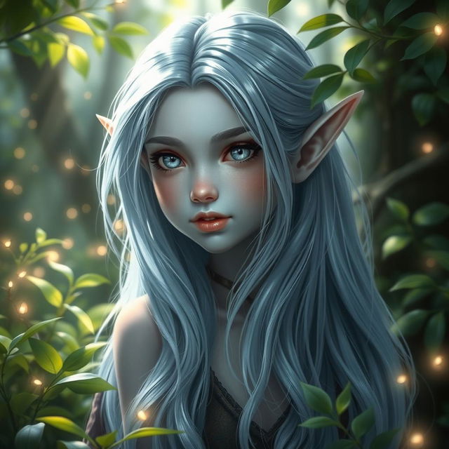 A young elf with long, flowing pale blue hair that glimmers softly in the light, striking silver eyes that shine with a hint of mystery, and grayish skin that adds to their ethereal beauty