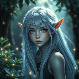 A young elf with long, flowing pale blue hair that glimmers softly in the light, striking silver eyes that shine with a hint of mystery, and grayish skin that adds to their ethereal beauty