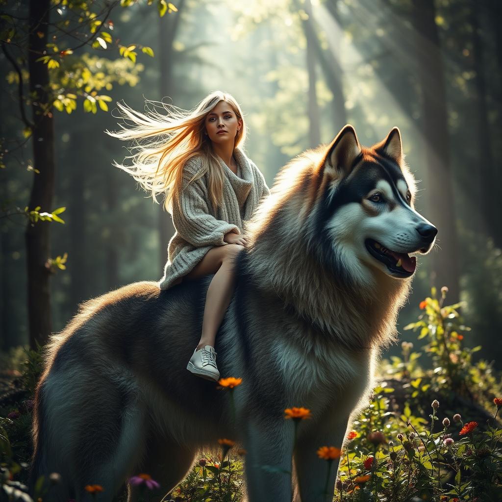 A Swedish woman sitting gracefully on the back of a large Alaskan Malamute in a mystical forest