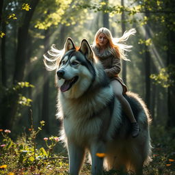 A Swedish woman sitting gracefully on the back of a large Alaskan Malamute in a mystical forest