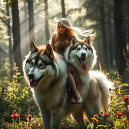 A Swedish woman sitting gracefully on the back of a large Alaskan Malamute in a mystical forest