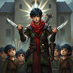 A heroic half-elf with short black hair, illuminated by divine light, stands protectively around a group of poor human children in a fantasy setting
