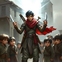 A heroic half-elf with short black hair, illuminated by divine light, stands protectively around a group of poor human children in a fantasy setting