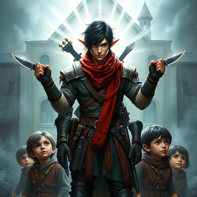 A heroic half-elf with short black hair, illuminated by divine light, stands protectively around a group of poor human children in a fantasy setting