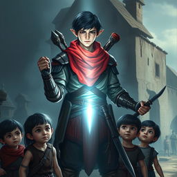 A heroic half-elf with short black hair, illuminated by divine light, stands protectively around a group of poor human children in a fantasy setting