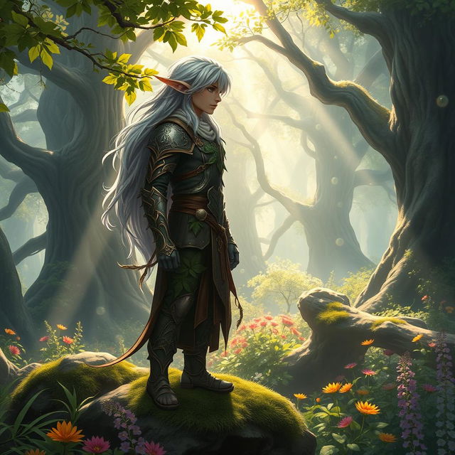 A majestic forest scene featuring a graceful male elf with elegant pointed ears and flowing silver hair, dressed in intricate, nature-inspired armor adorned with leaves and vines