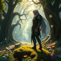 A majestic forest scene featuring a graceful male elf with elegant pointed ears and flowing silver hair, dressed in intricate, nature-inspired armor adorned with leaves and vines