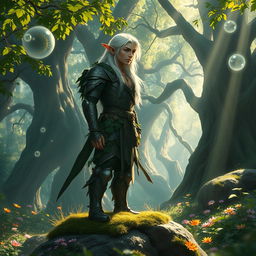 A majestic forest scene featuring a graceful male elf with elegant pointed ears and flowing silver hair, dressed in intricate, nature-inspired armor adorned with leaves and vines