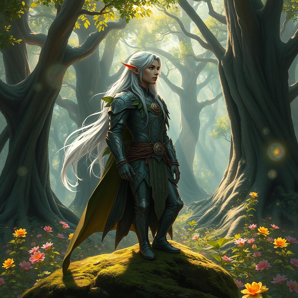 A majestic forest scene featuring a graceful male elf with elegant pointed ears and flowing silver hair, dressed in intricate, nature-inspired armor adorned with leaves and vines