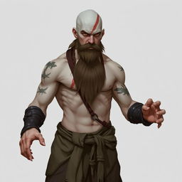A character design for a Dungeons & Dragons monk, featuring a white-skinned individual with various scars on his body and a pronounced scar on his face