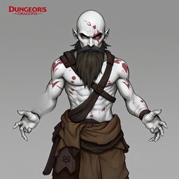 A character design for a Dungeons & Dragons monk, featuring a white-skinned individual with various scars on his body and a pronounced scar on his face