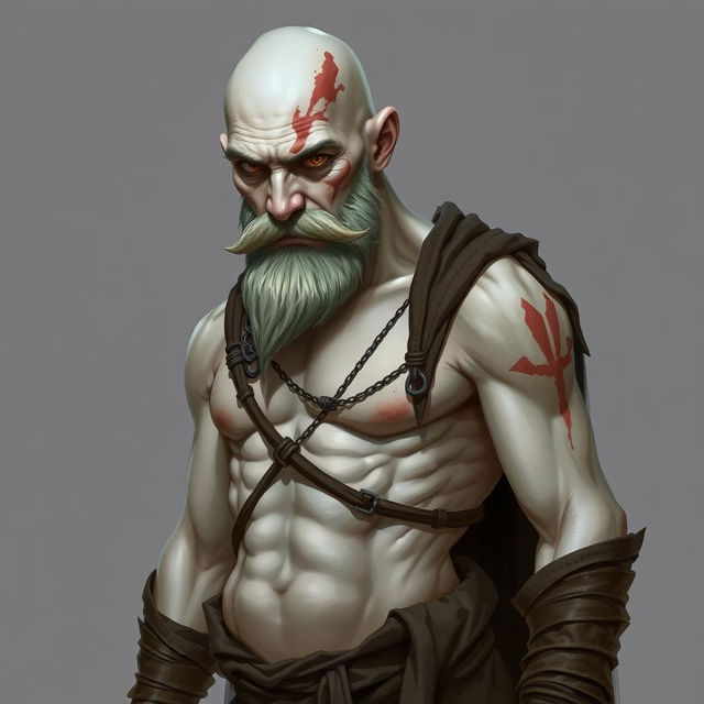 A character design for a Dungeons & Dragons monk, featuring a white-skinned individual with various scars on his body and a pronounced scar on his face