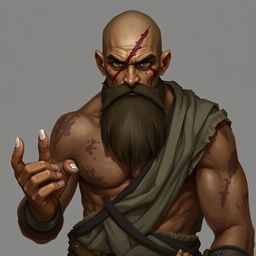 A fantasy character design for a Dungeons & Dragons monk with light brown skin, featuring scars across his body and a prominent scar on his face